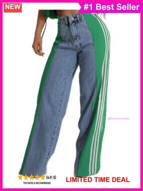 High Rise Straight Leg Stretch Jeans Patchwork Striped Tummy Smoothing
